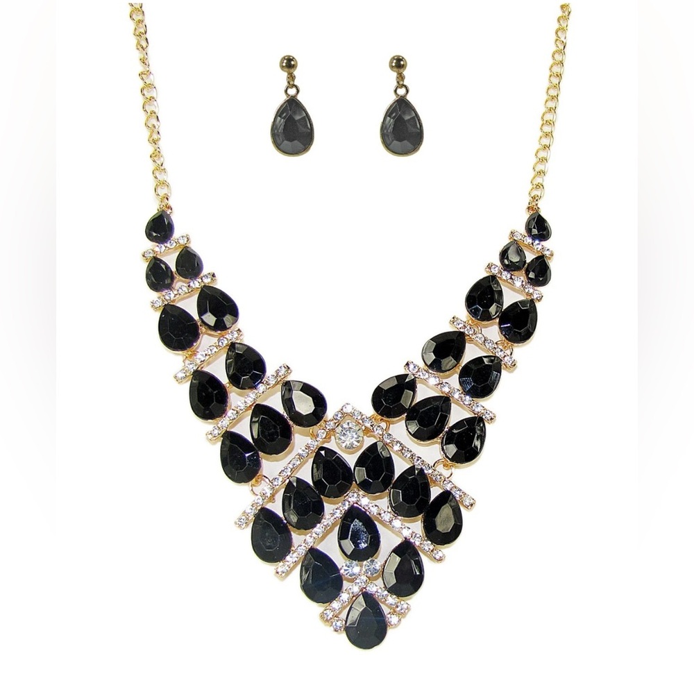 Large Black Elegant V Shape Crystal Statement Necklace and Matching Earrings